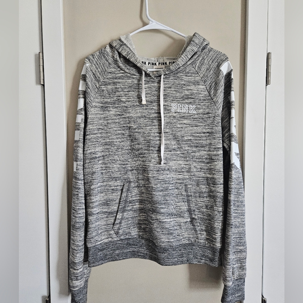 PINK VS medium heather grey old school hoodie long sleeve grey sweater graphic - Picture 1 of 7